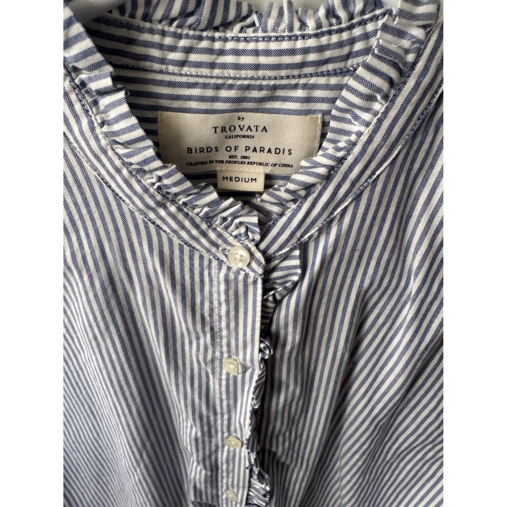 Birds of Paradis by Trovata Blue White Striped Ruffle Collar Button Down Shirt M